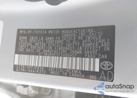 2015 Toyota Corolla Le из США, поврежденный, VIN 2T1BURHE5FC400457